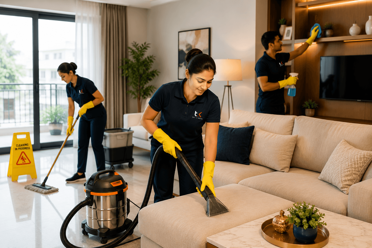 Deep cleaning team in a modern Indian home